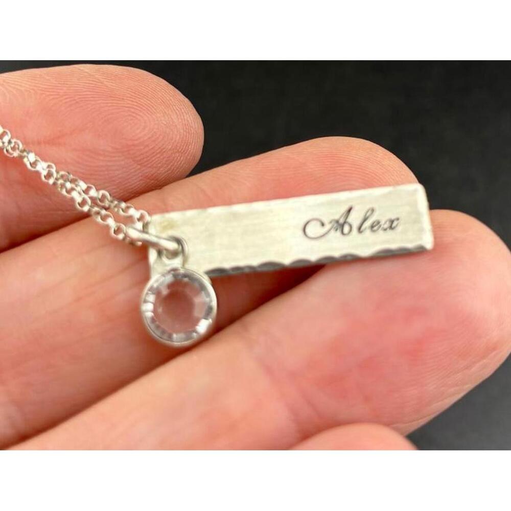 ALEX Sterling Silver Personalized Name Bar Necklace with Crystal Bezel Charm 16"